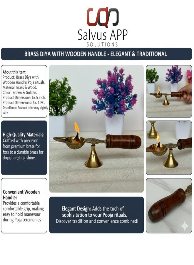 Salvus APP SOLUTIONS Sacred Brass Diya/Deepak vilakku with Wooden Handle: Enhance Your Pooja Rituals with Grace and Tradition (6 x 1.5 inch) - Image 3